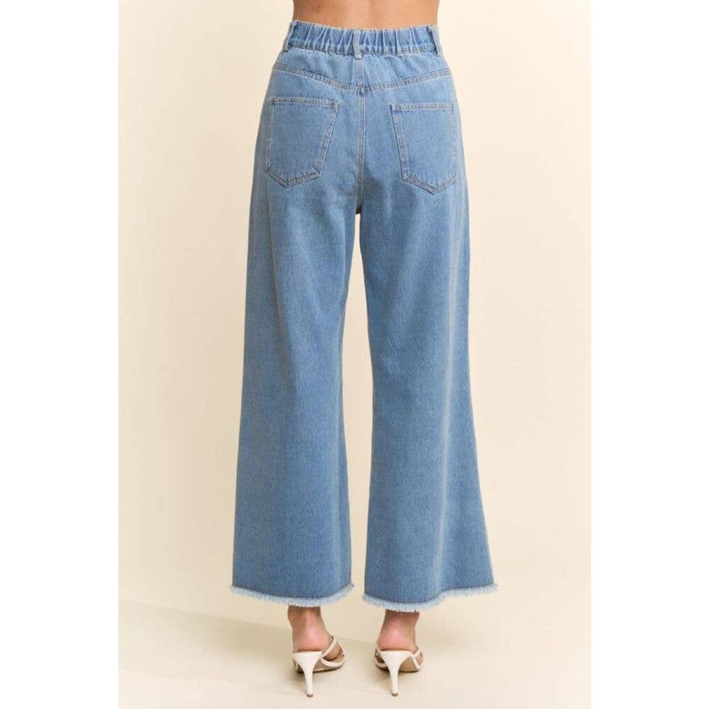 NWT Flower Embroidered Cropped Wide-Leg Denim Pant: Denim Blue / M - Picture 6 of 10